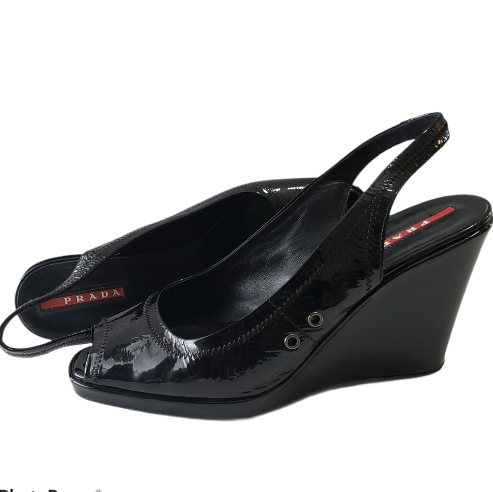 Prada Slingback Peeptoe Patent Leather Wedges